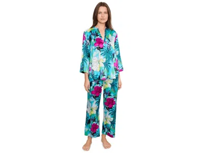 N By Natori Viva Printed Satin Mandarin Pajama Set Women's Pajama Sets Teal: Xl (women's 18) In Blue