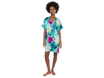 N By Natori Viva Printed Satin Sleepshirt Women's Jumpsuit & Rompers One Piece Teal: L (women's 14-16) In Blue