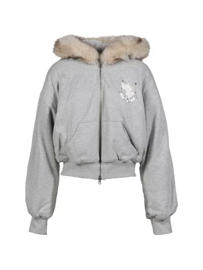 Nφ Dress Faux-fur Trim Studded Hoodie In Gray