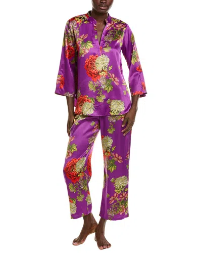 N Natori 2pc Crysanthe Printed Satin Mandarin Pajama Set In Multi