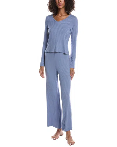 N Natori 2pc Harmony Rib V Neck Top & Pant Set In Blue