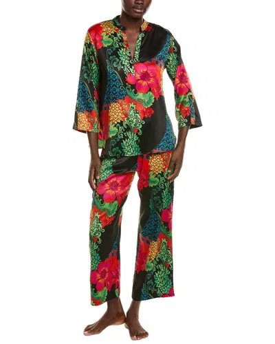 N Natori 2pc Harvest Printed Satin Mandarin Pajama Set In Multi