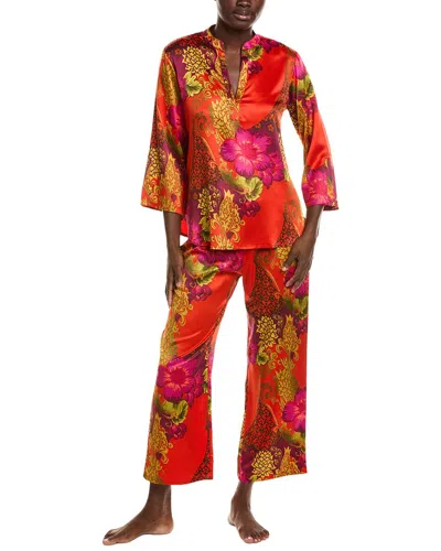 N Natori 2pc Harvest Printed Satin Mandarin Pajama Set In Red