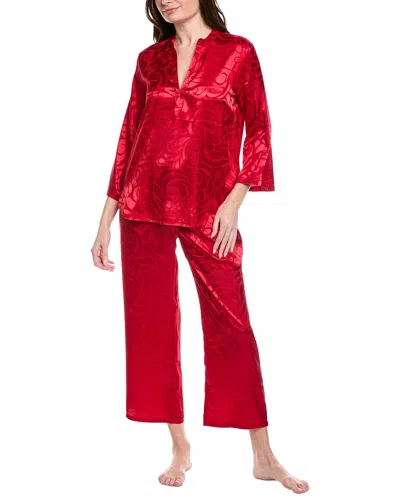 N Natori 2pc Scroll Satin Jacquard Pajama Set In Red