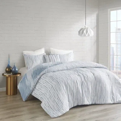 N Natori Brush Stroke Oversized Reversible Seersucker Comforter Set In Blue,white