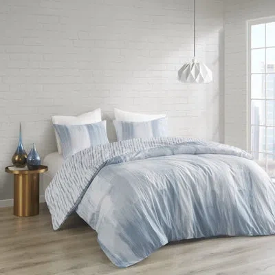 N Natori Brush Stroke Oversized Reversible Seersucker Duvet Cover Mini Set In Blue;white
