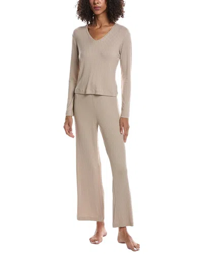 N Natori Harmony Rib V Neck Top And Pant In Neutral