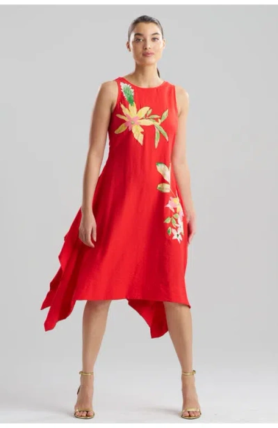 N Natori Solid Fluid Twill Hankerchief Hem Dress With Embellishment In Red