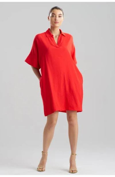 N Natori Solid Fluid Twill Short Sleeve Caftan Dress In Red