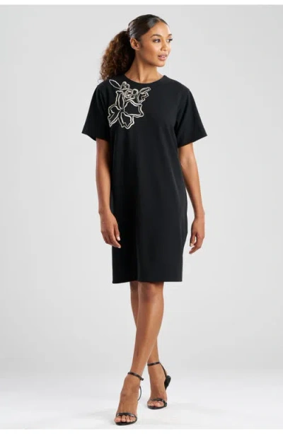 N Natori Solid Knit Crepe Short Sleeve Shift Dress With Embellishment In Multi