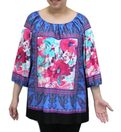 N Touch Floral Peasant Top In Peri & Fuchsia In Blue