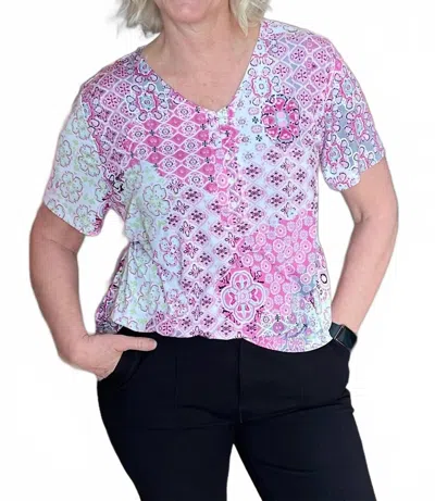N Touch Jigsaw Short Sleeve Patch Print Top In Ice Pink Green In Blue