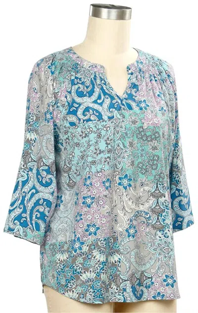 N Touch Women's 3/4 Sleeve Print Smock Neck Blouse In Castaway Oahu In Multi