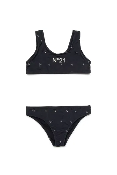 N°21 Kids' Allover Palms Bikini Swimsuit In Black