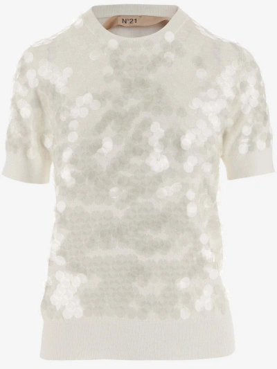 N°21 Cotton T-shirt With Paillettes In Bianco Latte