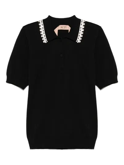N°21 Crystal-embellished Polo Top In Black