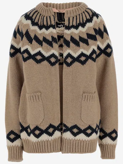 N°21 Fair Isle Wool Cardigan With Geometric Pattern In Beige
