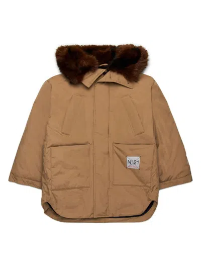 N°21 Kids' Faux-fur Hooded Puffer Coat In Brown