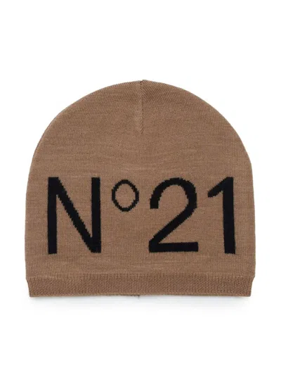 N°21 Kids' Intarsia-knit Logo Beanie Hat In Brown