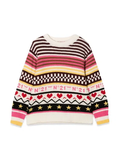 N°21 Kids' Jacquard Pattern Allover Crewneck Sweater In Multicolour