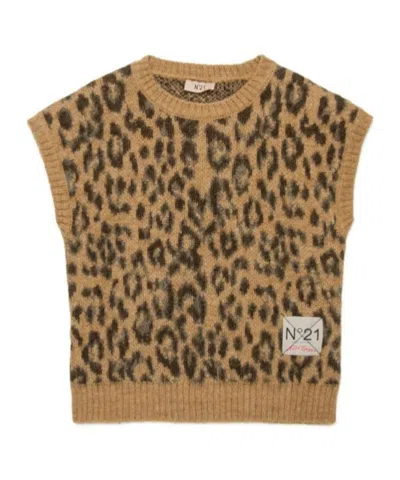 N°21 Nº21 KIDS LEOPARD JACQUARD SLEEVELESS KNITTED VEST