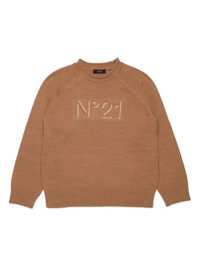 N°21 Kids' Logo-embossed Wool-blend Jumper In Brown