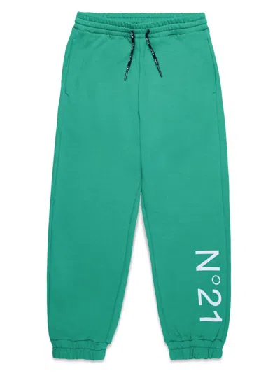 N°21 Kids' Logo-print Fleece Cotton Sweatpants In Green