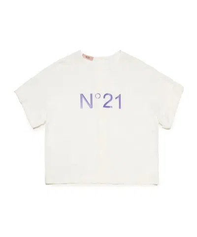 N°21 Kids' Logo-print Press-stud T-shirt In Neutral