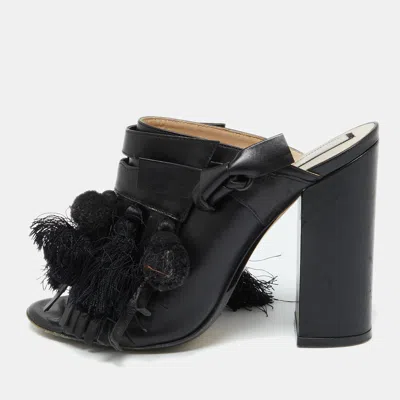 Pre-owned N°21 Nº21 Black Leather Tassel Fringe Block Heel Mules Size 40