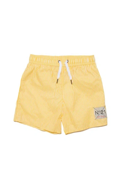 N°21 Kids Logo Patch Striped Swim Shorts In Yellow