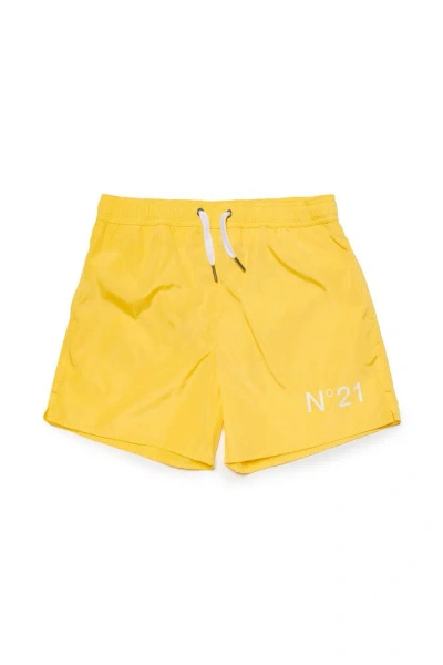N°21 Kids Logo Printed Elastic Waist Swim Shorts In Yellow