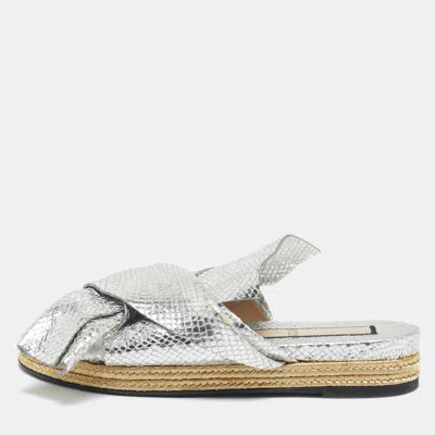 Pre-owned N°21 Silver Python Embossed Leather Knot Espadrille Flat Mules Size 39.5
