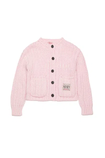 N°21 Kids' Logo-appliqué Chunk-knit Cardigan In Pink