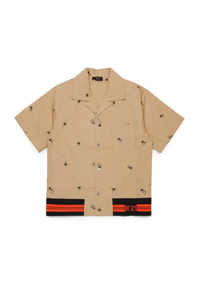 N°21 Kids' Poplin Allover Palms Bowling Shirt In Beige