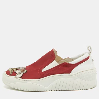 Pre-owned N°21 Red Canvas Crystal Embellished Slip On Sneakers Size 37