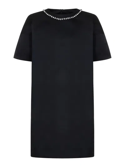 N°21 Short Satin Dress With Jewel Neckline In Black