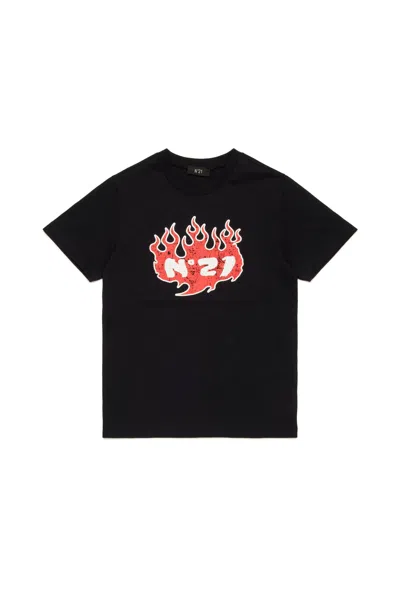 N°21 Kids' T-shirt With Flames Graphics In Black