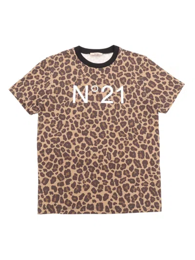 N°21 Kids' Leopard-print Short-sleeve T-shirt In Brown