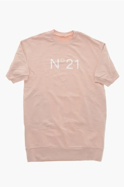 N°21 3/4-sleeved Brushed Cotton Tee Dress With Printed Logo In Brown