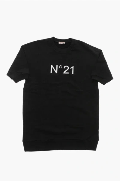 N°21 3/4-sleeved Brushed Cotton Tee Dress With Printed Logo In Black