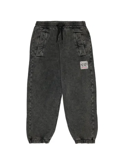 N°21 Kids' Acid-wash Logo-patch Track Pants In Gray