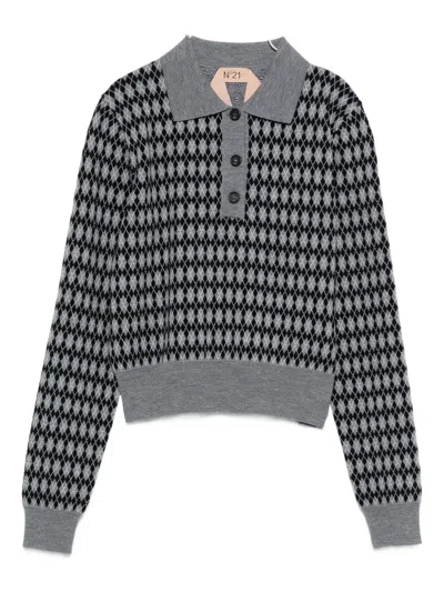 N°21 Argyle-pattern Buttoned Knitted Top In Gray
