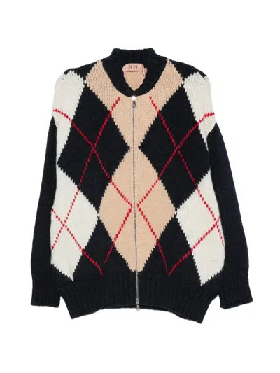 N°21 Argyle-knit Blouson Cardigan In Black
