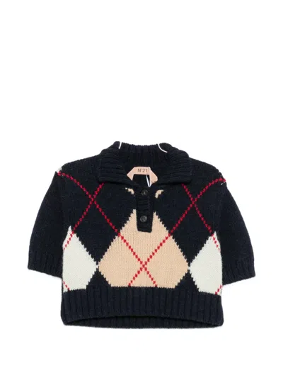 N°21 Argyle-knit Cropped Sweater In Blue