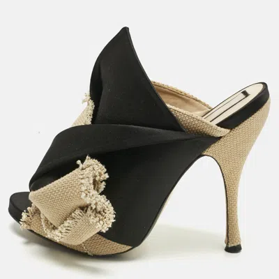 N°21 N21 Beige/black Canvas And Satin Raso Knot Mules