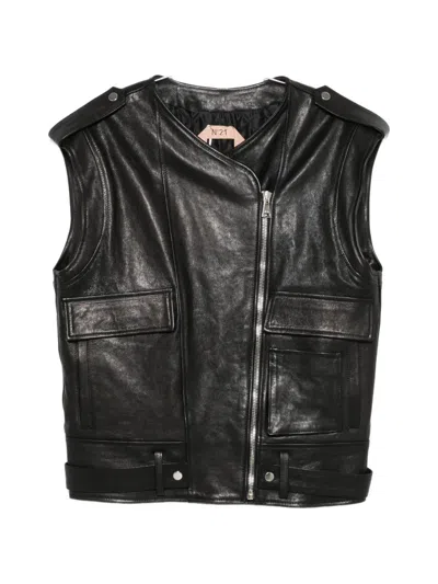 N°21 Biker-style Leather Gilet In Black