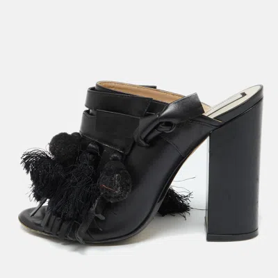 N°21 Nº21 Black Leather Tassel Fringe Block Heel Mules Size In Animal Print
