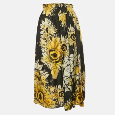 N°21 Nº21 Black Sunflower Print Silk Ruffled Midi Skirt In Yellow