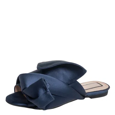 Pre-owned N°21 Nº21 Blue Satin Knot Flat Mules Size 36