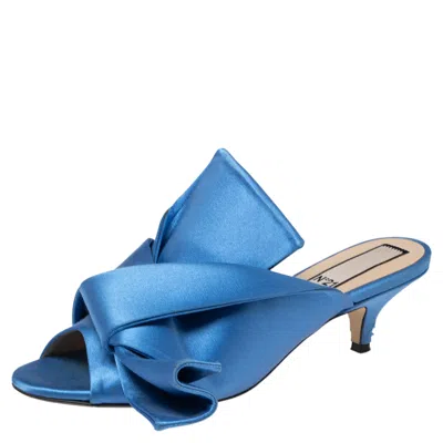 Pre-owned N°21 Nº21 Blue Satin Raso Knot Peep Toe Kitten Heel Mules Size 36.5